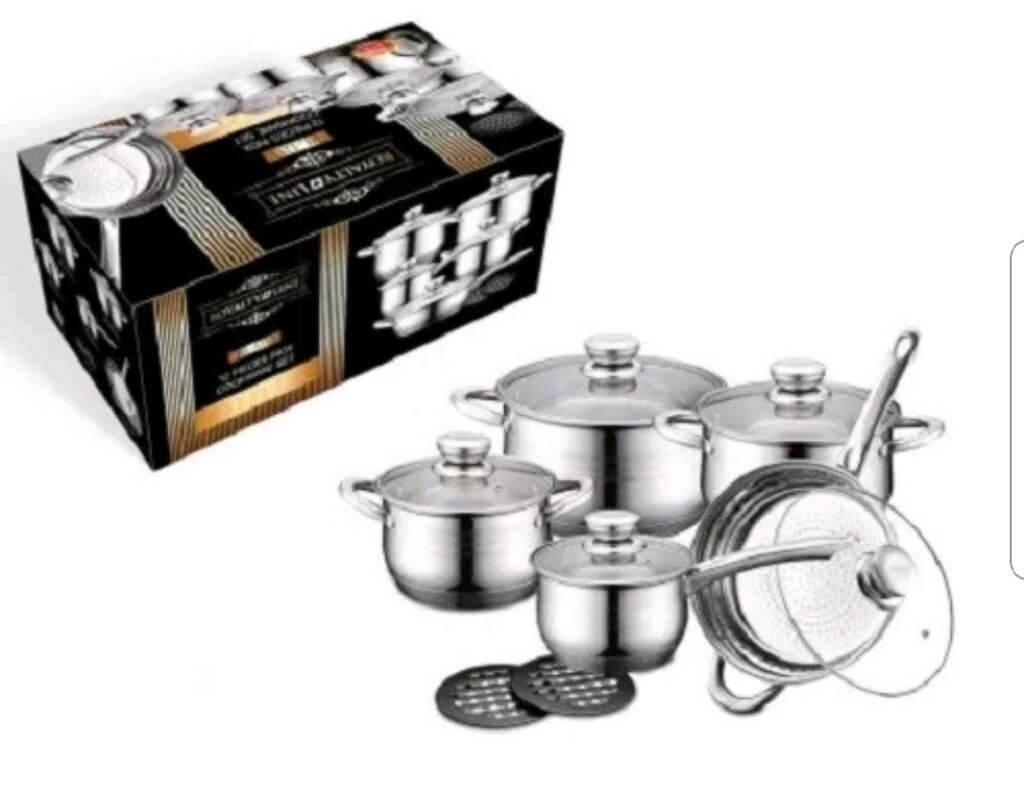 stainless steel cookware set 12pcs brand new boxed pack in Heathrow