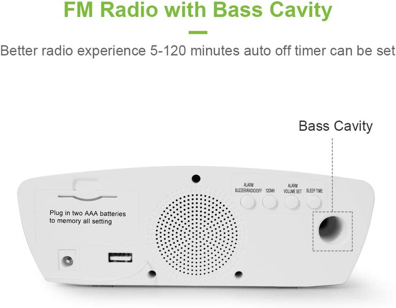 Simple Alarm Clock Radio with USB Charger Port, FM Radio,6 Snoozes (White)
