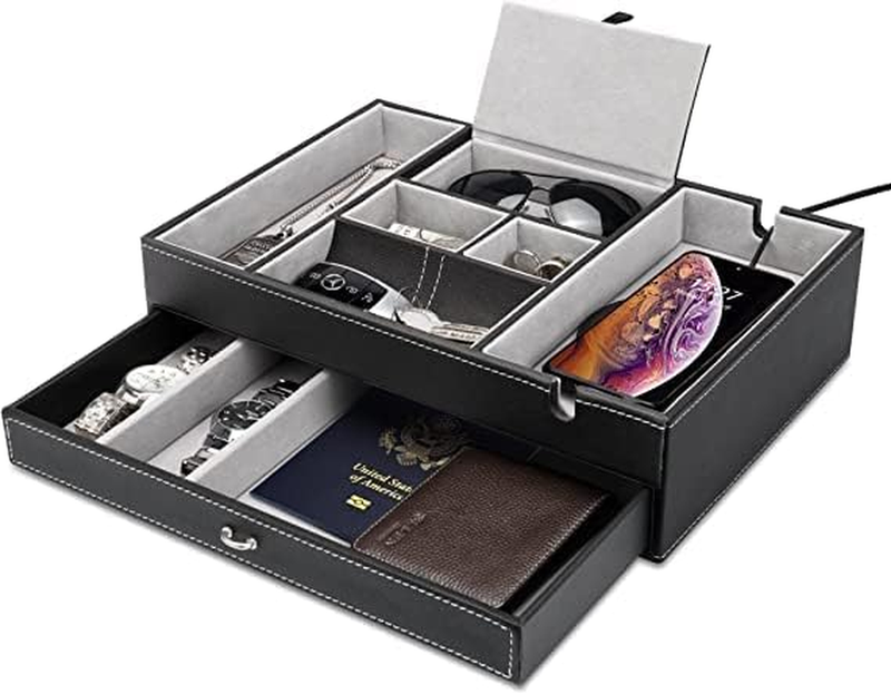 Mens Valet Box，2 Layers Dresser Top Nightstand Organizers, EDC Dump Tray, Catch