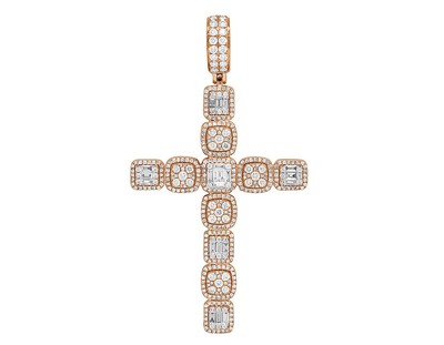 Pre-owned Jewelry Unlimited 14k Rose Gold Halo Baguette Cluster Real Diamond Cross Pendant 3" 3 1/2ct