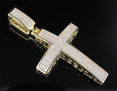 Pre-owned Jewelry Unlimited Men's Real Diamond Dome Cross Pendant In 10k Yellow Gold 1/2 Ct 1.8" In H-i
