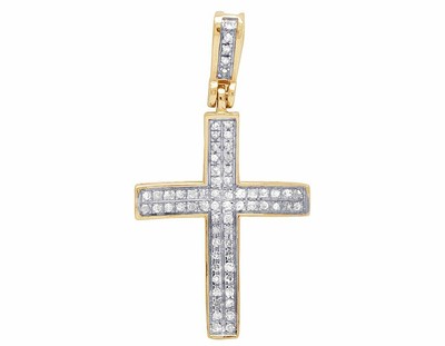 Pre-owned Jewelry Unlimited Unisex 10k Yellow Gold Genuine Diamond Two Row Pave Pendant Cross 0.2 Ct 1.2" In H-i