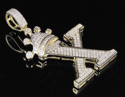 Pre-owned Jewelry Unlimited Initial Letter X Crown Diamond Custom Unisex Pendant 10k Yellow Gold 0.4 Ct 1.5" In H-i