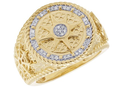 Pre-owned Jewelry Unlimited Mens 10k Yellow Gold Round Nautical Pirate Compass Real Diamond Pinky Ring 1/5ct In H-i