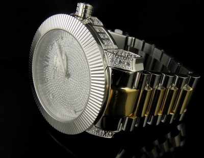 Pre-owned Jewelry Hip Hop Mens Khronos White Finish Simulated Diamond Two Tone Presidential Watch