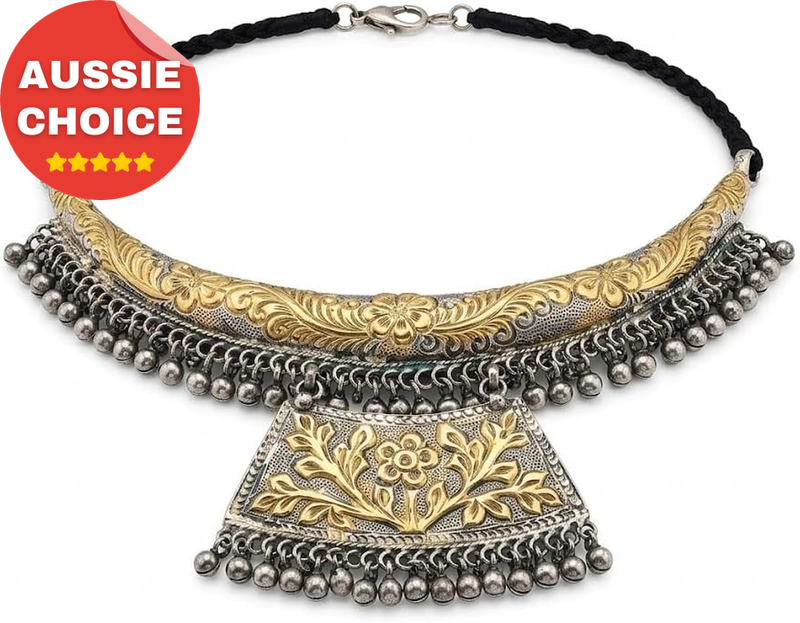 Two-Tone Silver Gold Choker Necklace Handcrafted Boho Tribal Statement Jewelry