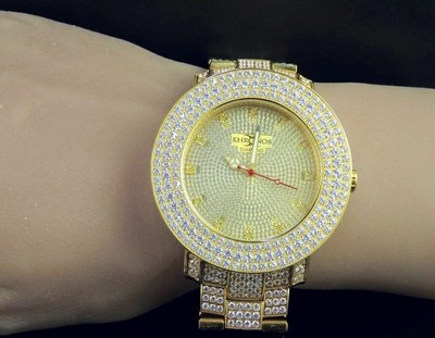Pre-owned Khronos Yellow Gold Finish Stainless Steel 3 Rows  Simulated Diamond Watch 53mm