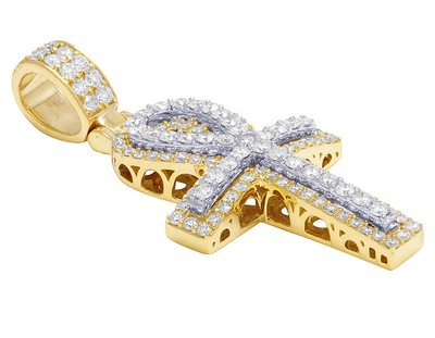 Pre-owned Jewelry Unlimited Mens Real Diamond Egyptian Ankh Cross Pendant 10k 2 Tone Gold Charm 2" 2 1/5 Ct