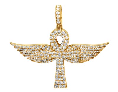 Pre-owned Jewelry Unlimited Men's Real Diamond Wings Ankh Cross Pendant 3 2/5 Ct 14k Yellow Gold 1.8" In G-h