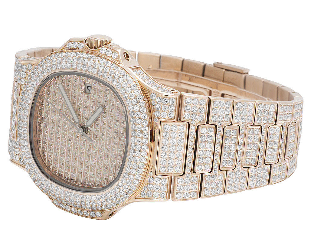 Pre-owned Manufacturer Mens Iced S.steel Rose Yellow White Steel 40mm Pp Simulated Diamond Watch