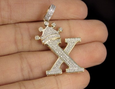 Pre-owned Jewelry Unlimited Initial Letter X Crown Diamond Custom Unisex Pendant 10k Yellow Gold 0.4 Ct 1.5" In H-i