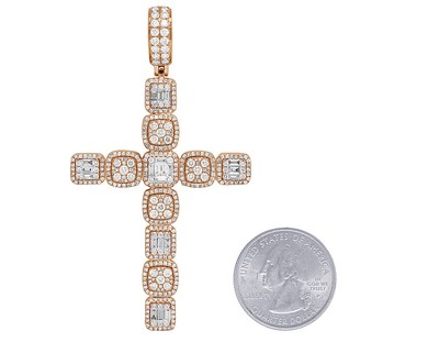 Pre-owned Jewelry Unlimited 14k Rose Gold Halo Baguette Cluster Real Diamond Cross Pendant 3" 3 1/2ct