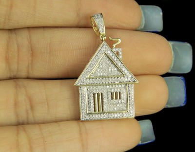JEWELRY UNLIMITED MEN'S 10K YELLOW GOLD REAL DIAMOND CUSTOM TRAP HOUSE PENDANT CHARM 1/2 CT 1.25"