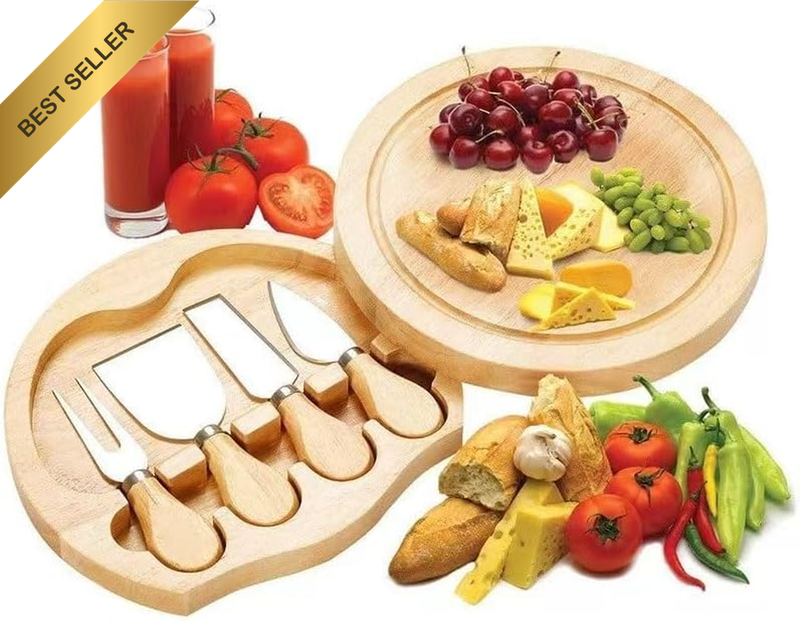 Cheese Board with Cutlery Cutting Set, round Bamboo Charcuterie Board and Knife