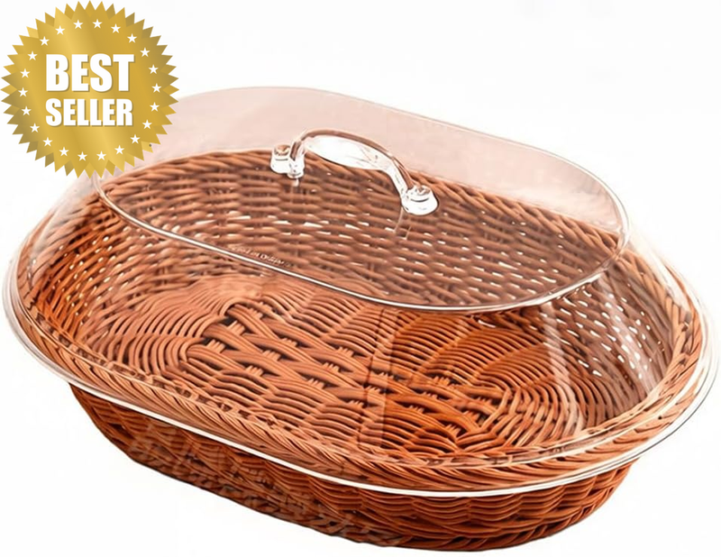 Imitation Rattan Bread Basket, with Lid, Wicker Bread Baskets for Serving, Table