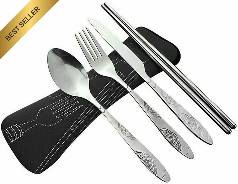 4 Pcs Cutlery Travel Knife Fork Portable Bag Stainless Steel Spoon Chopstick Set