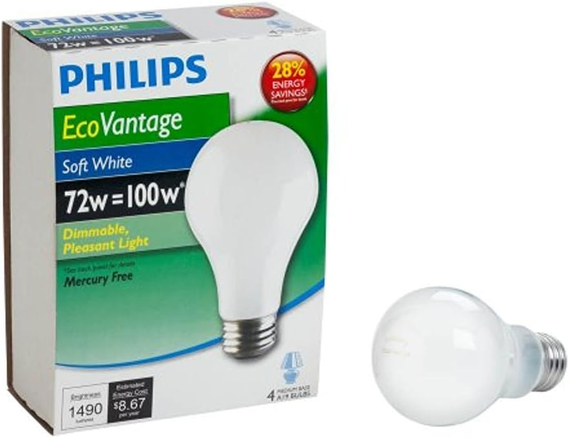 Phillips 426049 72 Watt A19 Soft White Dimmable Light Bulb Pack 4 Count