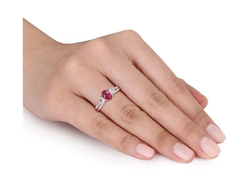 1.90 Carat (Ctw) Lab-Created Ruby and White Sapphire Bridal Engagement Wedding Ring Set 10K Yellow Gold
