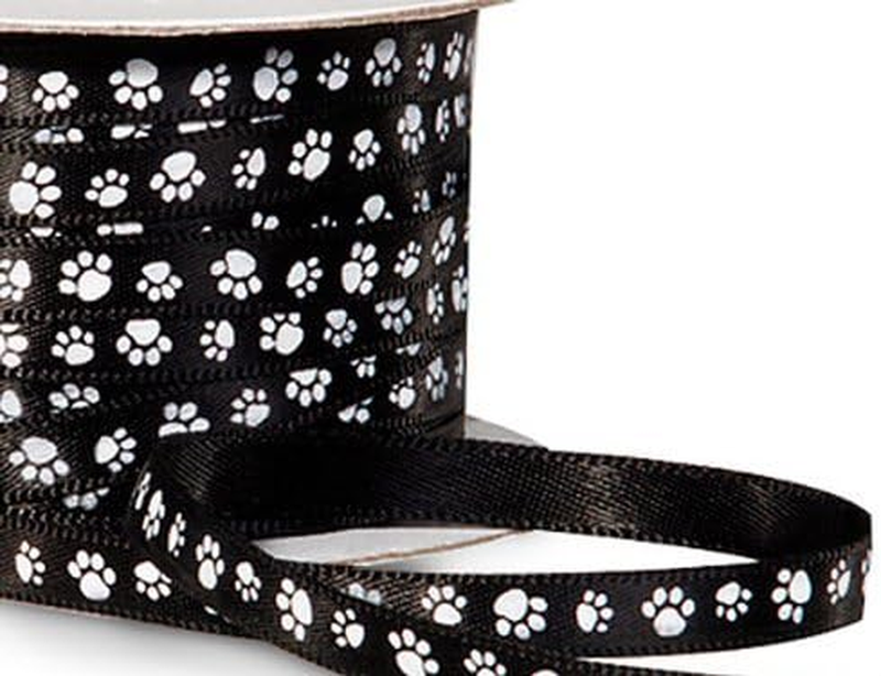 Single Faced Satin Paw Print Ribbon 0.6Cm Black with White Paw Print - 50 Yard R