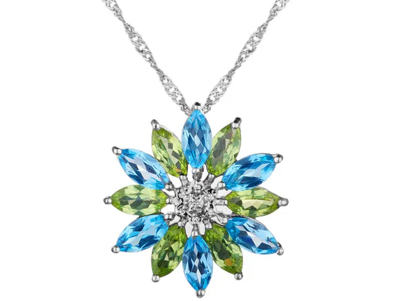 Blue Topaz and Peridot Flower (7.0 Carat Ctw) Pendant Necklace with Diamonds in Sterling Silver