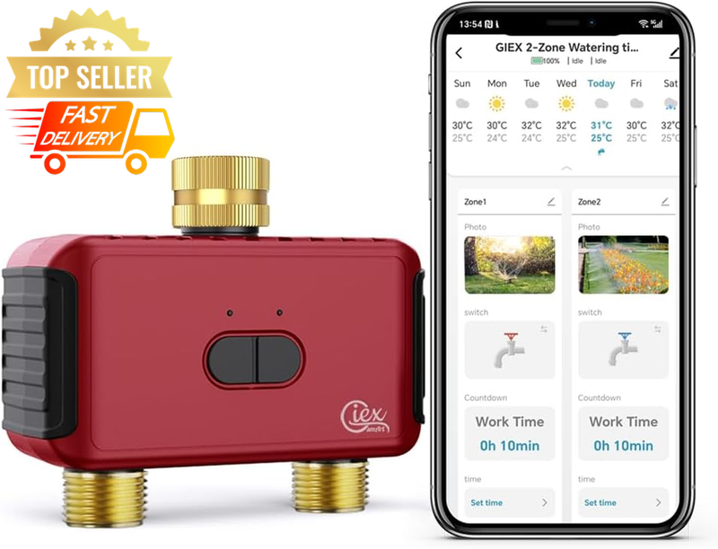 GIEX WiFi 2-Zone Sprinkler Timer, Smart Hose Timer, Alexa & Google Compatible
