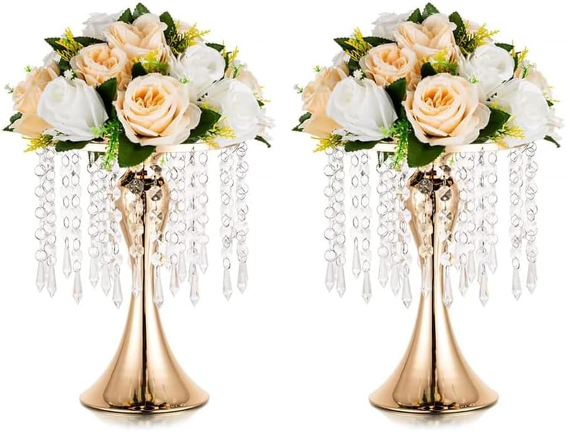 2 Pieces Gold Crystal Flower Arrangement Stand, Table Centerpiece, Tall Metal Va