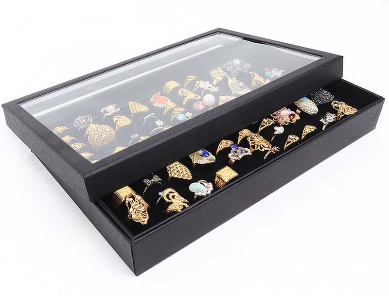 100 Slot Ring Display Organizer PU Leather Clear Lid Stackable Jewelry Box
