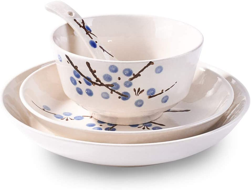4-Piece Dinnerware Set Plates Dish Bowl Spoon Japanese Hand-