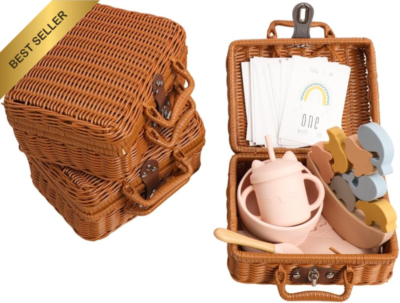 4-in-1 Newborn Gift Bundle with Pink Animal Stacking Set & Wicker Case
