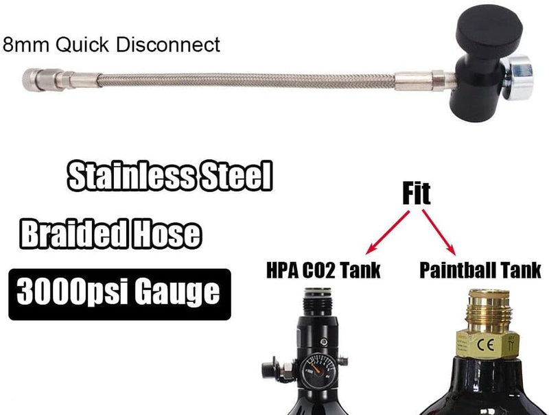 Paintball PCP Air Rifle Fill Adapter with 10 Inch Braided Hose and 3000 Psi Gaug