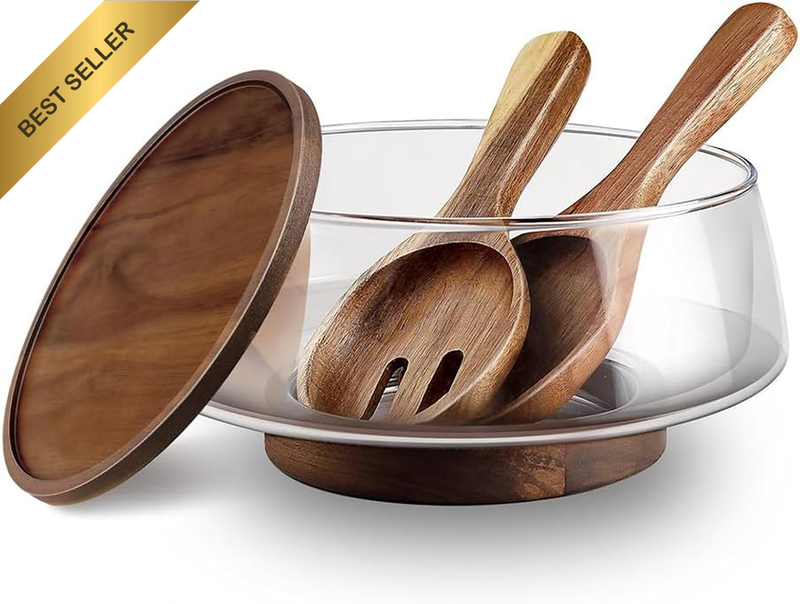 Glass Salad Bowls Set, Transparent Fruit Bowl with Fork and Spoon, Simple and Pr