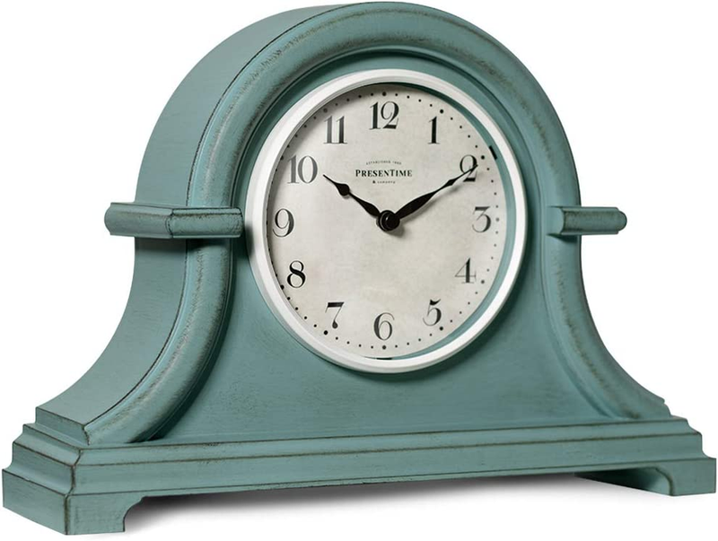 Vintage Farmhouse Table Clock Mantel 13 X 10 Inch Domed Lens Quartz Aged Teal