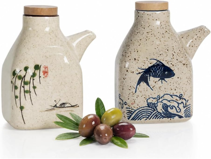 2 Pack Ceramic Olive Oil Dispenser Bottle, Controlled Pour Mouth | Narrow Spout
