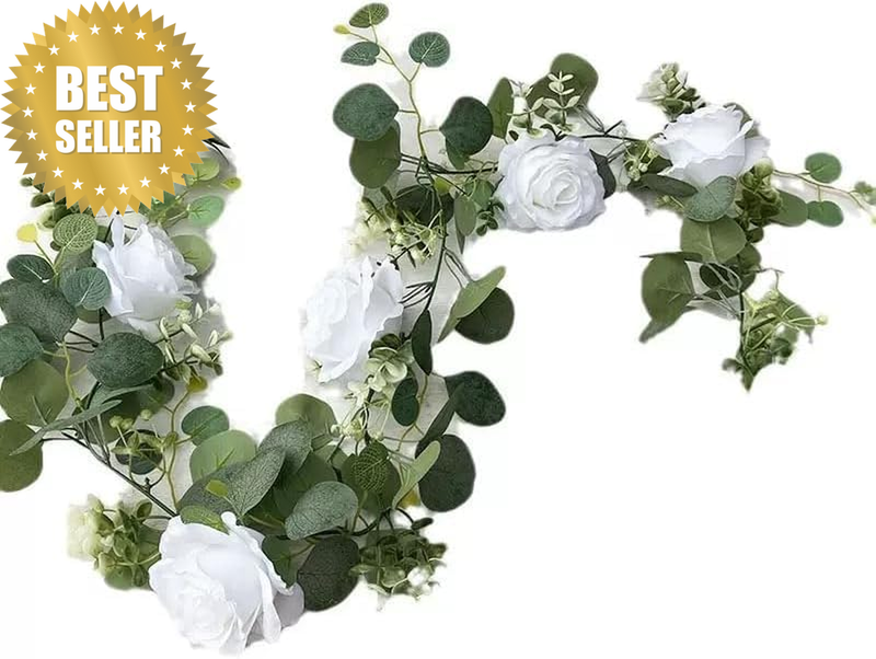 71 Inch Artificial Flowers Artificial Eucalyptus Floral Garland with White Rose