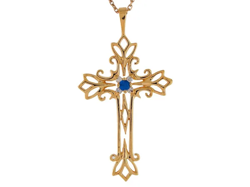 14K Yellow Gold Real Blue Sapphire Diamond Accented Latin Budded Cross Pendant