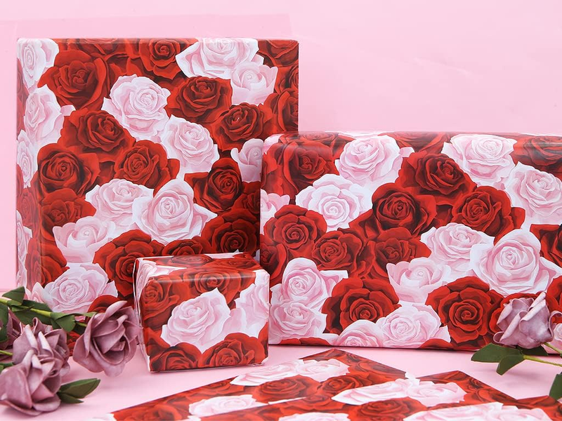 Rose Gift Wrapping Paper, Red and Pink Floral Gift Wrap 4 Folded Sheets Bridal S