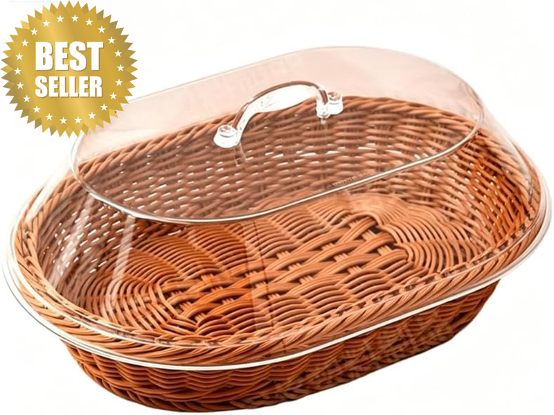 Imitation Rattan Bread Baskets,With Acrylic Lids, Woven Rattan Bread Basket, Rec