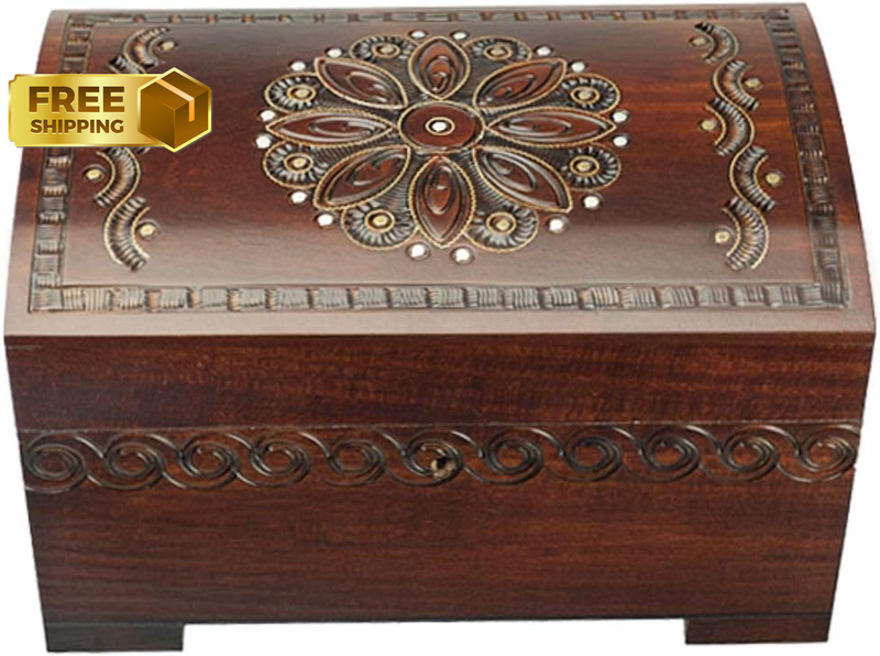 Large Polish Wooden Chest Handmade Floral Jewelry Treasure Box with Lock and Key