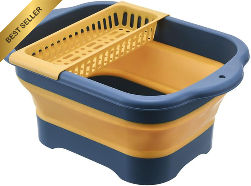 Collapsible Dish Basin with Draining Rack- 11L Foldable Bucket Sink Tub Portable