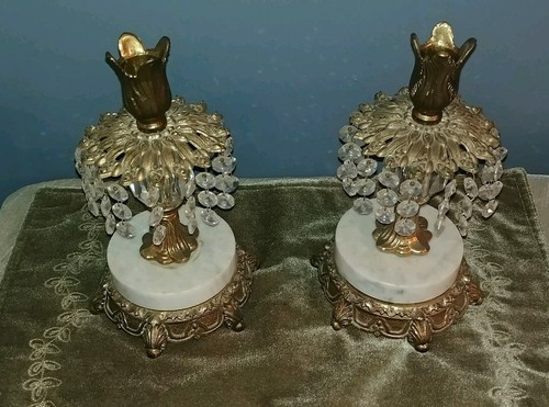 Vintage Brass Tone Candle Holders on Marble Base With Crystal Prisms Nice Patina