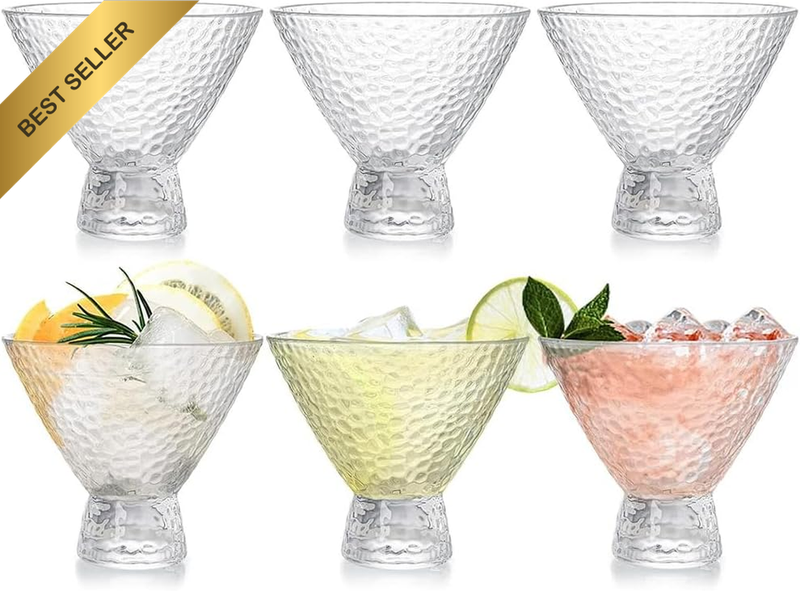 Set of 6 Stemless Martini Glasses, 8Oz Vintage Clear Cocktail Glasses, Thick Bot