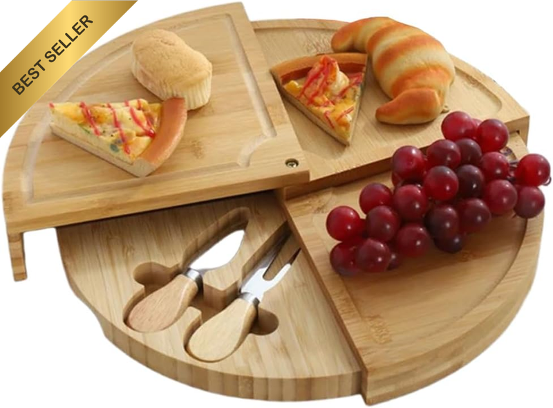 Bamboo Cheese Board and Knife Set, 14” Swiveling Charcuterie Boards, round Servi