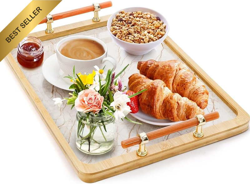 Dining Table Centerpiece Decorative Bamboo Tray with Handle with Stone Plastic B