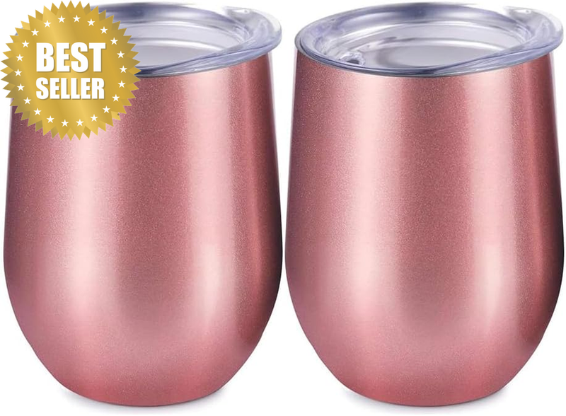 Stainless Steel Wine Glasses Set of 2, Double Wall Insulated with Lid Stemless C