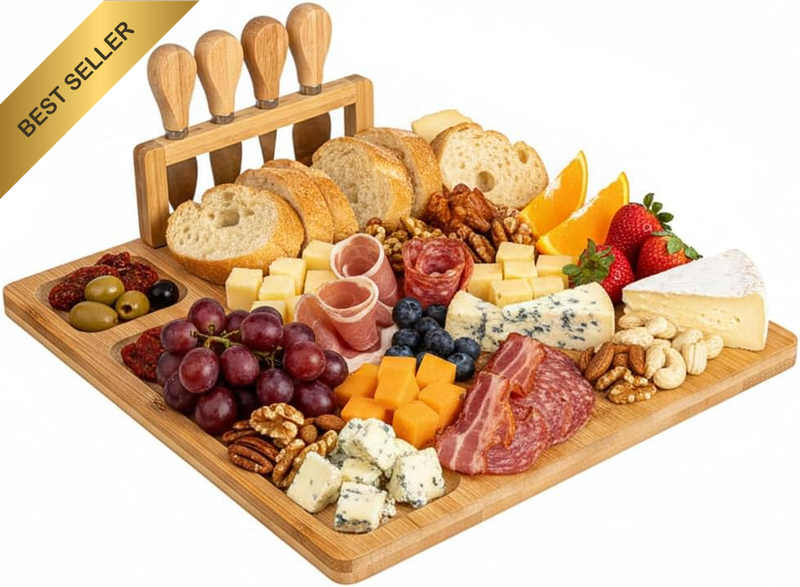 Cheese Board and Knife Set - 14” X 11” Bamboo Wood Charcuterie Board & Cheese Bo