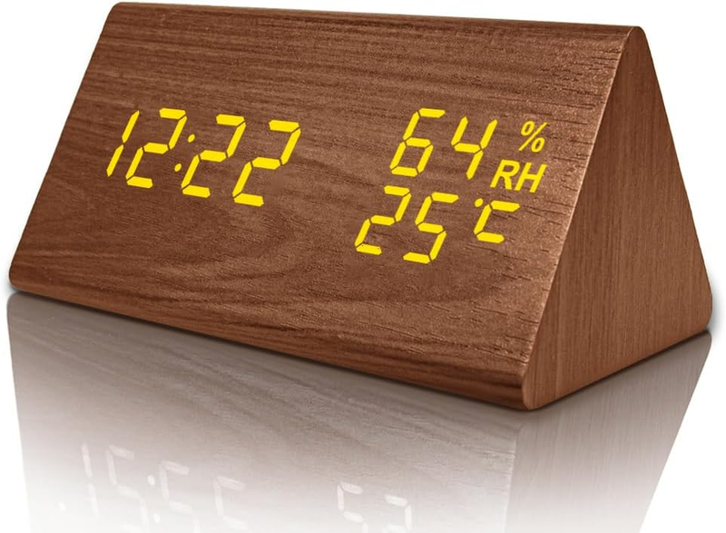 Wooden Digital Alarm Clock with Electronic LED Time Display, Humidity&Temperatur