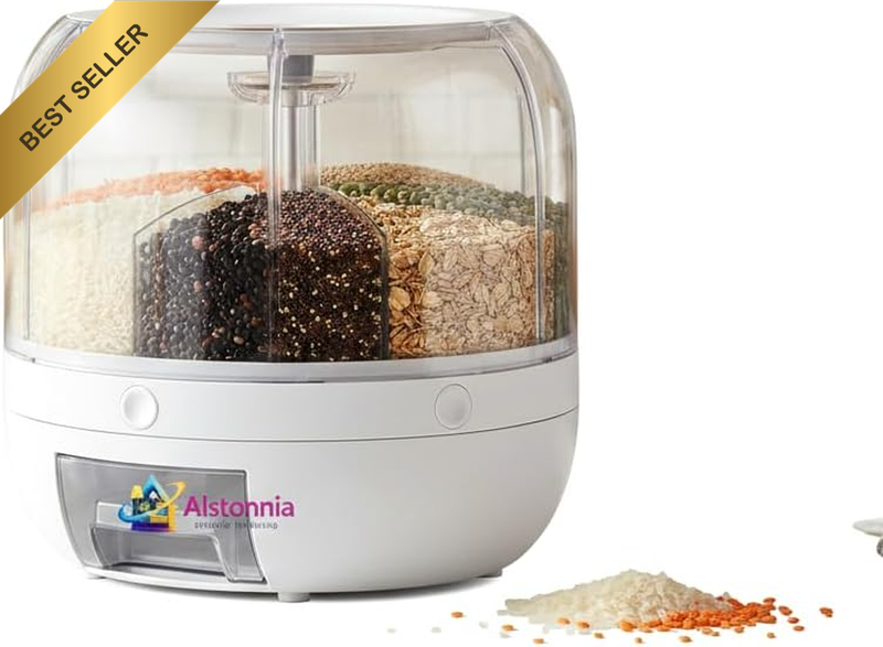 ​ 6-Grid Rotating Food Grain Dispenser - 3.6L Airtight Rice & Cereal Storage Con