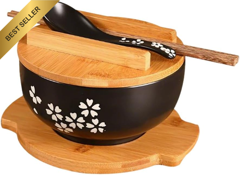 Instant Noodle Bowl Set, Ceramic Sakura Pattern Ramen Bowlwith Lid