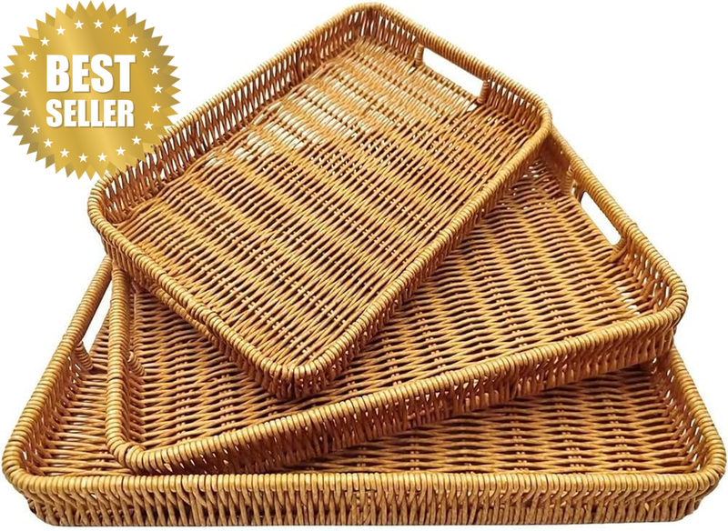 3 Pack Handwoven Rattan Serving Trays with Handles, Rectangular Wicker Baskets f
