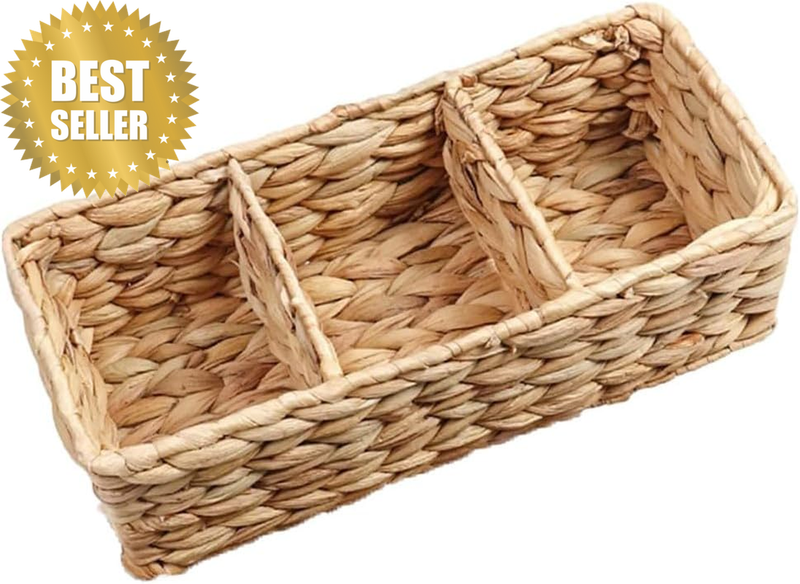 Wicker Storage Baskets, 3-Section Woven Baskets, Water Hyacinth Storage Bin, Dec